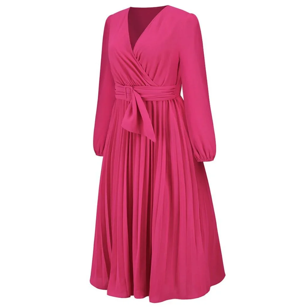 Rose Red V Neck Long Sleeve Tie Waist A-Line Midi Dress - Picture 5 of 8